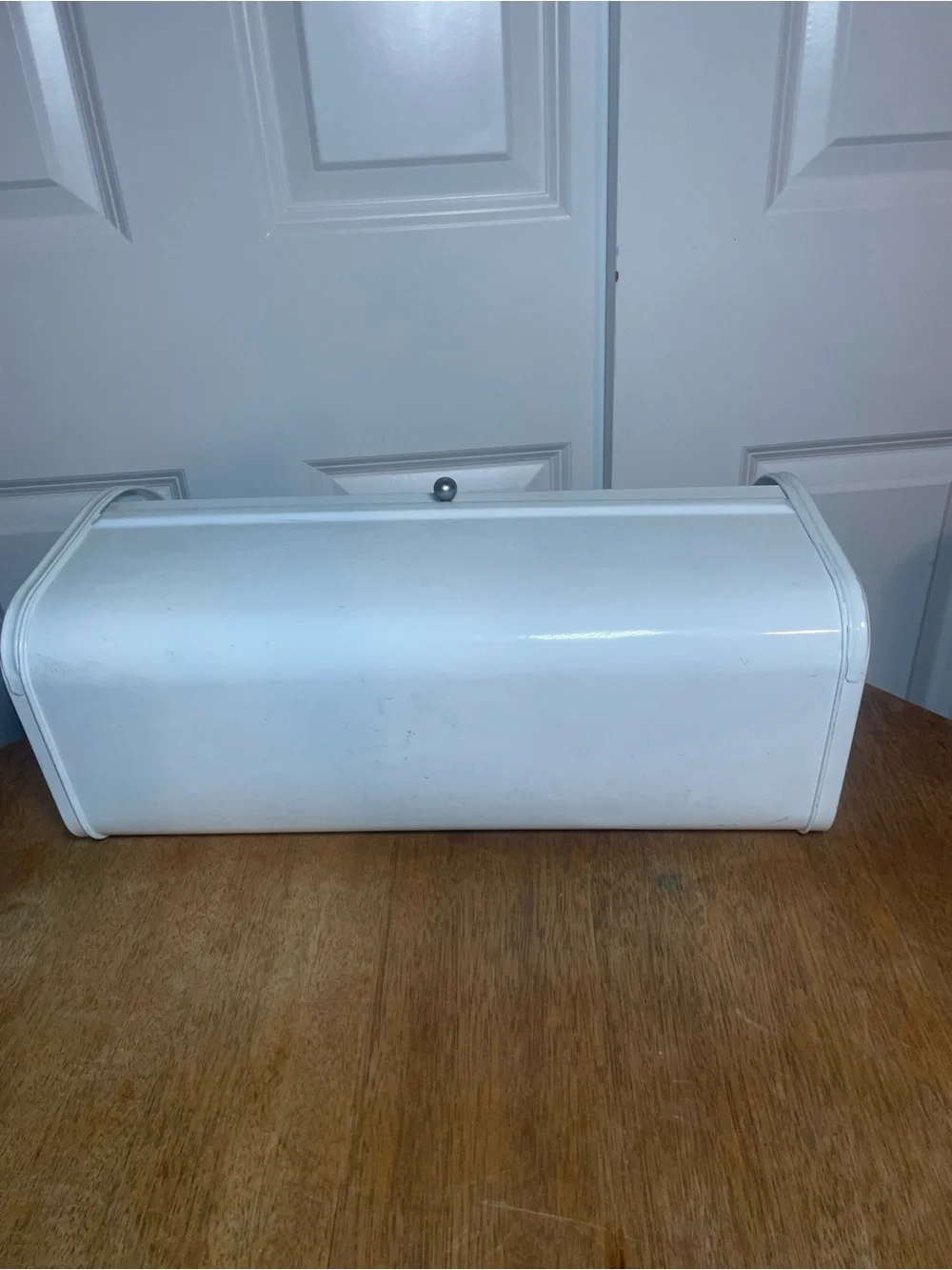 White Metal Roll Top Bread Box Blue Lettering Farmhouse Kitchen Storage